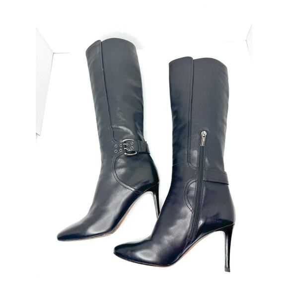 Jimmy Choo Black Darwin 85 Leather Boots Zip Buckle Stiletto sz 37.5 - Picture 3 of 12